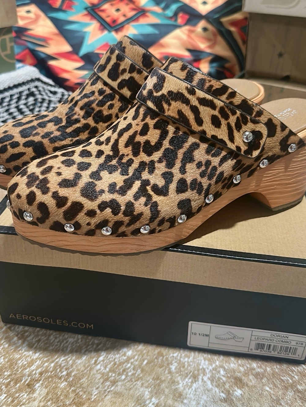 AEROSOLES Leopard-Print Studded Clog in Brown & Black